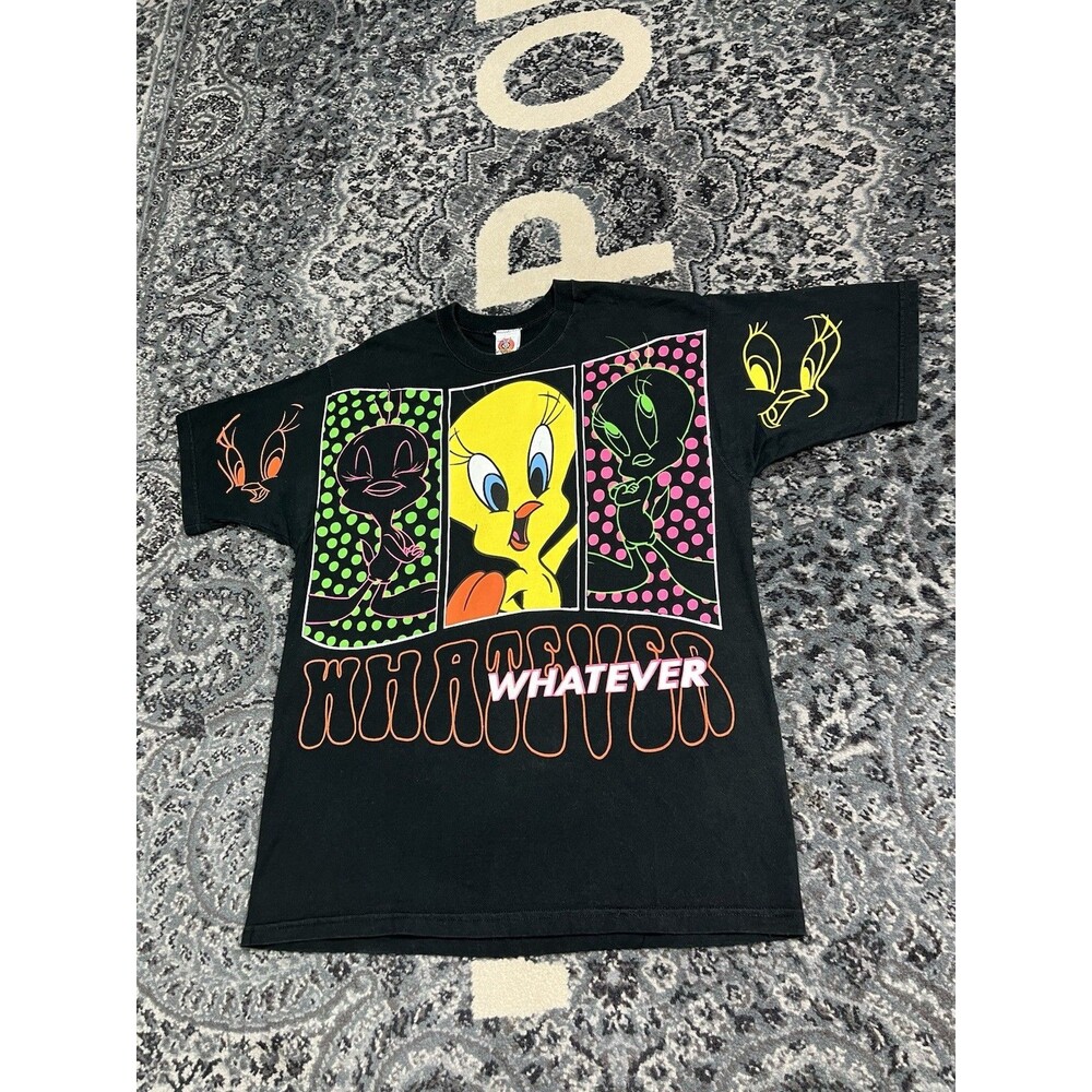 Vintage 90s Looney Tunes Tweety Bird Whatever Tee Shirt 1997 Size Large Black - Picture 2 of 10
